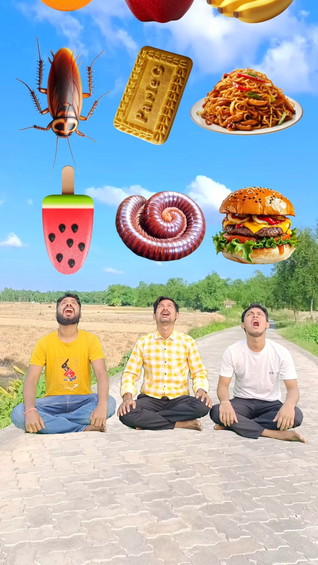 Eating-yellow lizard, pulse, Alpenliebe, Parle-g biscuit, Cockroach, tike, icecream, burger, video